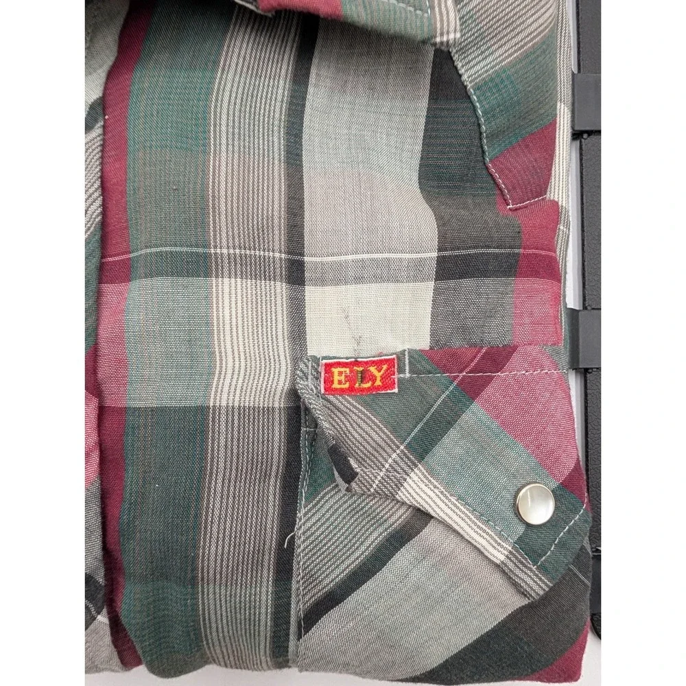 Ely Plains Vintage Western Pearl Snap Plaid Shirt Burgundy Green Mens 16.5 x‎ 34